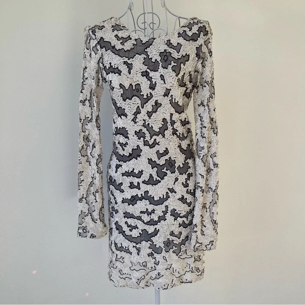 Alexis Vinica Open Back Sequin Dress long sleeve festive mini black white SZ XS